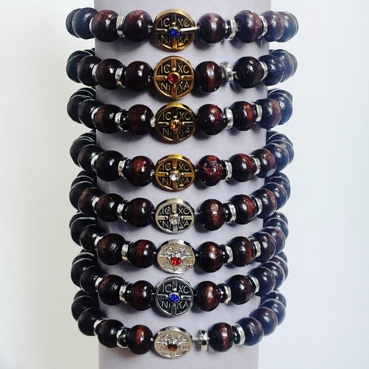 Metanii si bratari religioase | Bratara elastica bile lemn distantiere metal | 1397