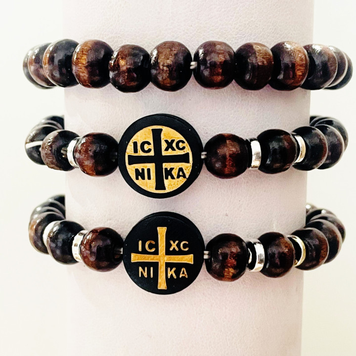 Metanii si bratari religioase | Bratara elastica bile lemn distantiere metal | 1399