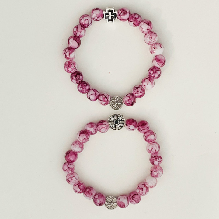 Bratara elastica bile sticla 8mm si medalioane metal ICXC NIKA 1337 set12buc