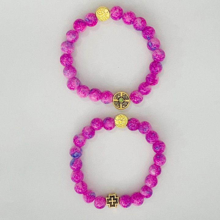 Bratara elastica bile sticla 8mm si medalioane metal ICXC NIKA 1337 set12buc