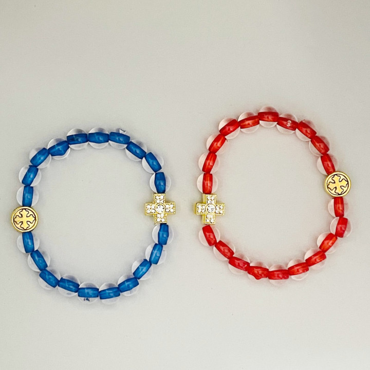 Bratara elastica margele transparente plastic 8mm 2 medalioane metal cruce aurii 1421 set12buc