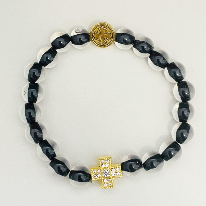 Bratara elastica margele transparente plastic 8mm 2 medalioane metal cruce aurii 1421 set12buc