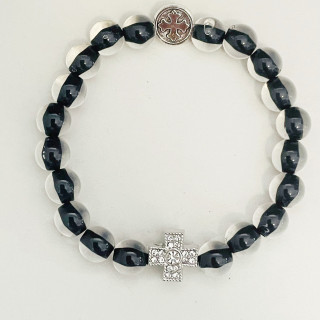 Bratara elastica margele transparente plastic 8mm 2 medalioane metal cruce argintii 1422 set12buc