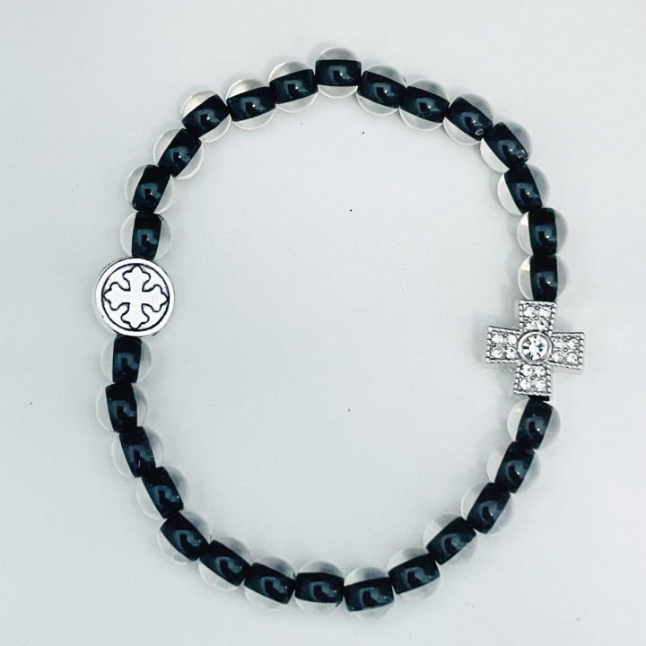 Bratara elastica margele transparente plastic 6mm 2 medalioane metal cruce argintii 1423 set12buc