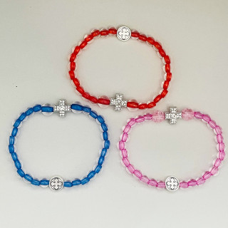 Bratara elastica margele transparente plastic 6mm 2 medalioane metal cruce argintii 1423 set12buc