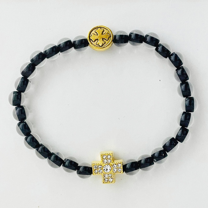 Bratara elastica margele transparente plastic 6mm 2 medalioane metal cruce aurii 1424 set12buc