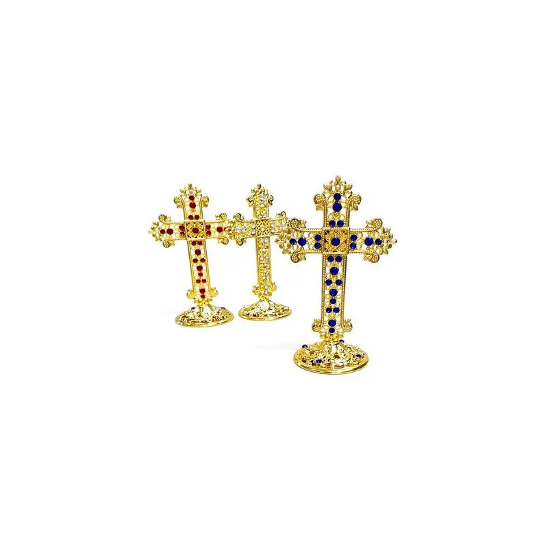 Obiecte bisericesti | Cruce de masa in cutie din metal argintiu auriu aramiu | 5359