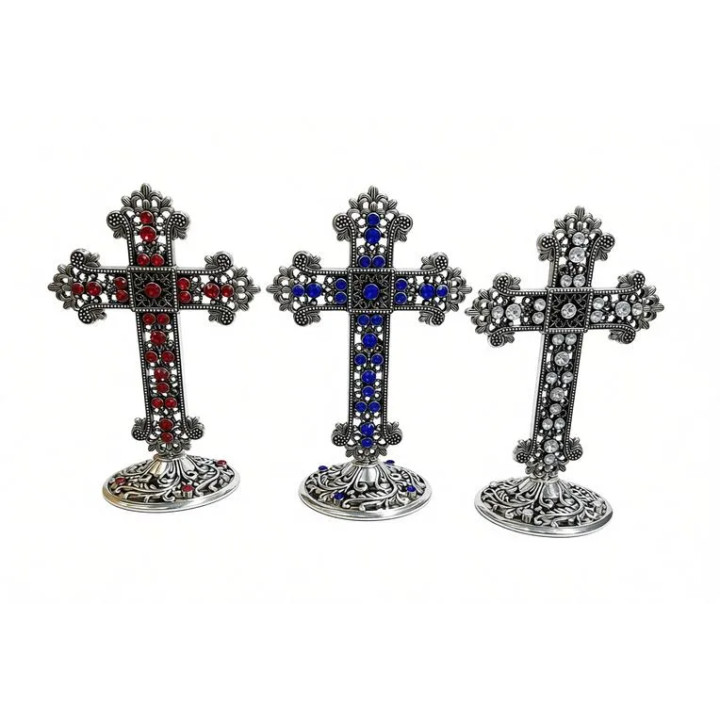 Obiecte bisericesti | Cruce de masa in cutie din metal argintiu auriu aramiu | 5359