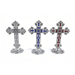 Obiecte bisericesti | Cruce de masa in cutie din metal argintiu auriu aramiu | 5359