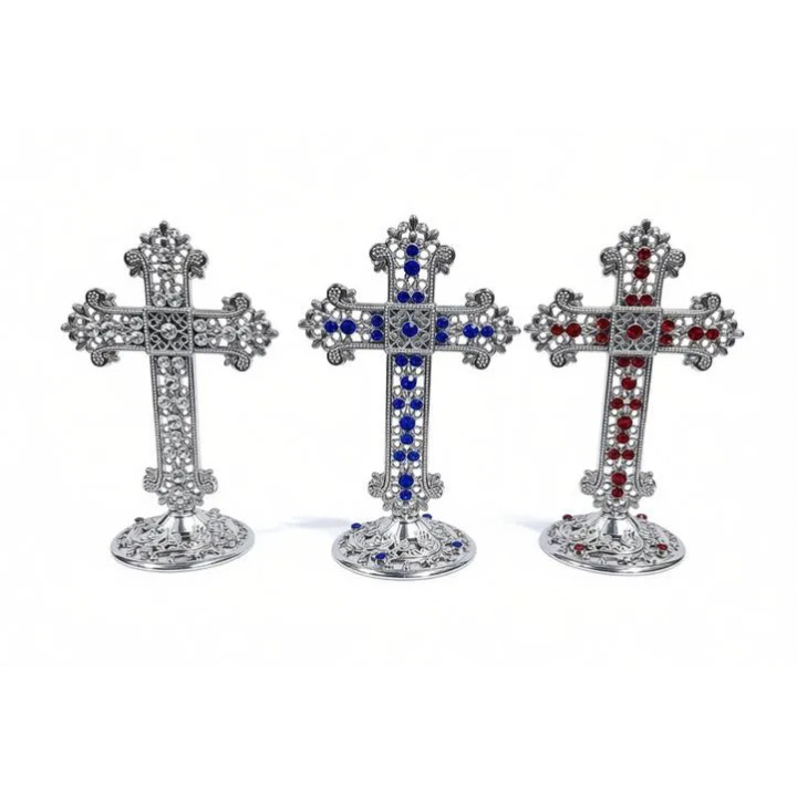 Obiecte bisericesti | Cruce de masa in cutie din metal argintiu auriu aramiu | 5359