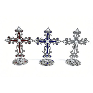 Obiecte bisericesti | Cruce de masa in cutie din metal argintiu auriu | 5358