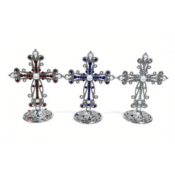Obiecte bisericesti | Cruce de masa in cutie din metal argintiu auriu | 5358