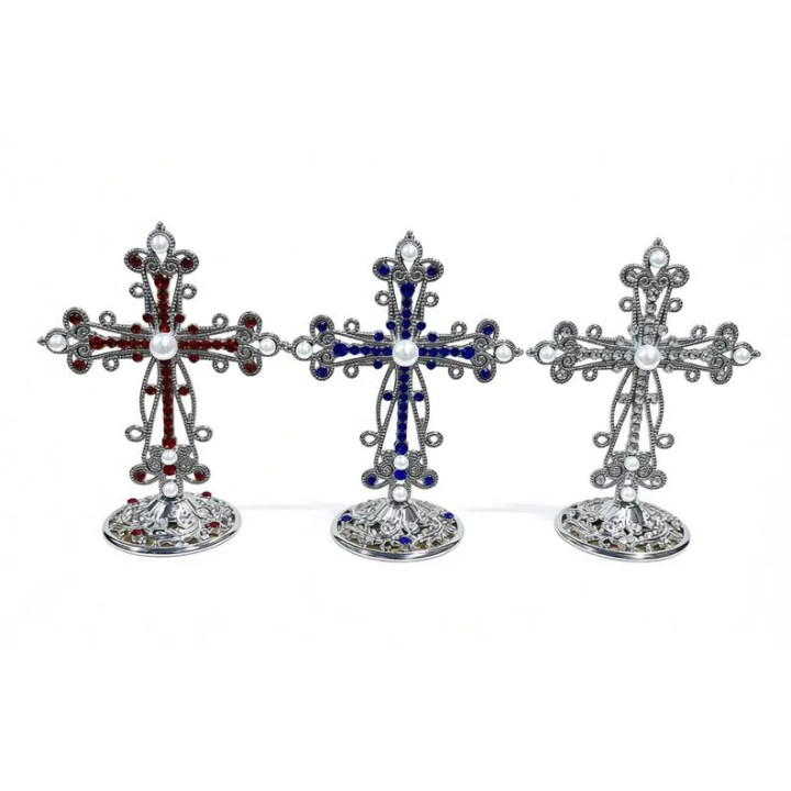 Obiecte bisericesti | Cruce de masa in cutie din metal argintiu auriu | 5358