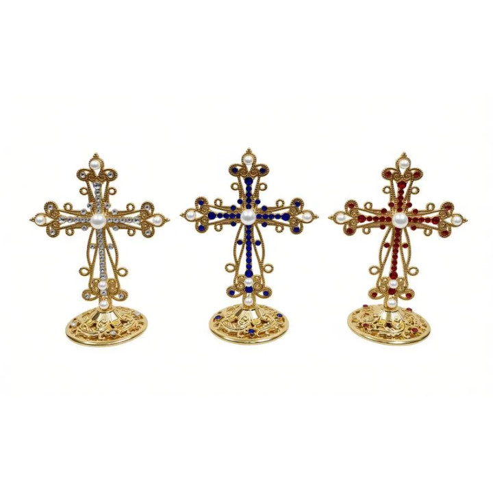 Obiecte bisericesti | Cruce de masa in cutie din metal argintiu auriu | 5358