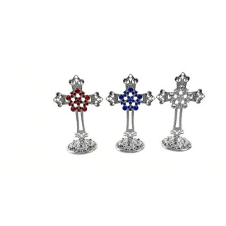 Obiecte bisericesti | Cruce de masa in cutie din metal argintiu auriu aramiu | 5357