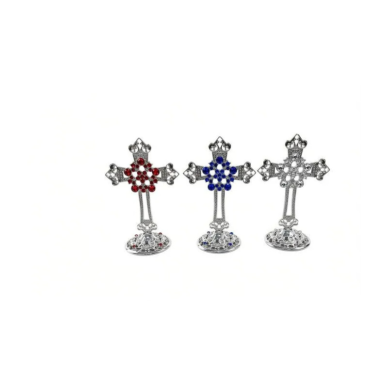 Obiecte bisericesti | Cruce de masa in cutie din metal argintiu auriu aramiu | 5357