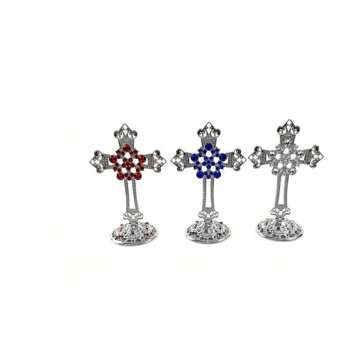 Obiecte bisericesti | Cruce de masa in cutie din metal argintiu auriu aramiu | 5357