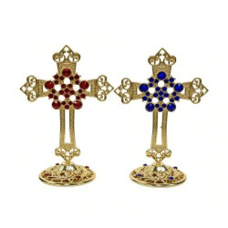 Obiecte bisericesti | Cruce de masa in cutie din metal argintiu auriu aramiu | 5357