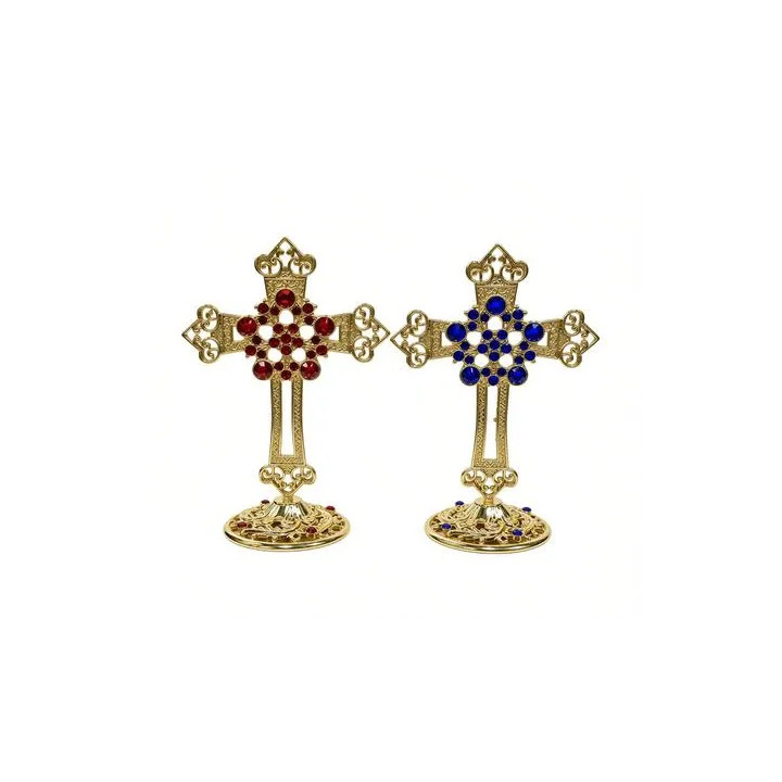 Obiecte bisericesti | Cruce de masa in cutie din metal argintiu auriu aramiu | 5357