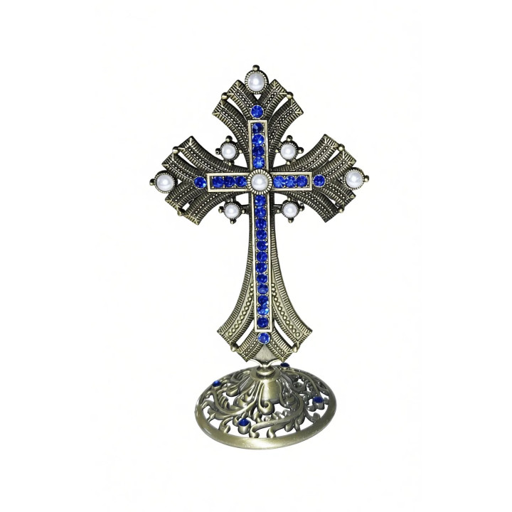 Obiecte bisericesti | Cruce de masa in cutie din metal argintiu auriu aramiu | 5356