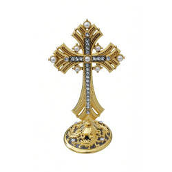Obiecte bisericesti | Cruce de masa in cutie din metal argintiu auriu aramiu | 5356