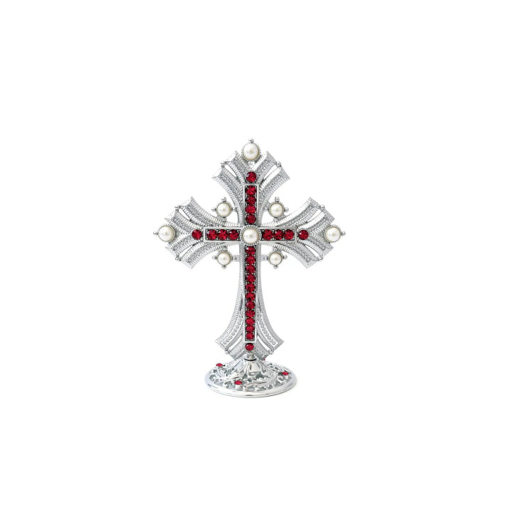 Obiecte bisericesti | Cruce de masa in cutie din metal argintiu auriu aramiu | 5356