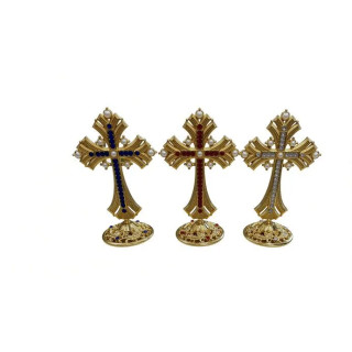 Obiecte bisericesti | Cruce de masa in cutie din metal argintiu auriu aramiu | 5356