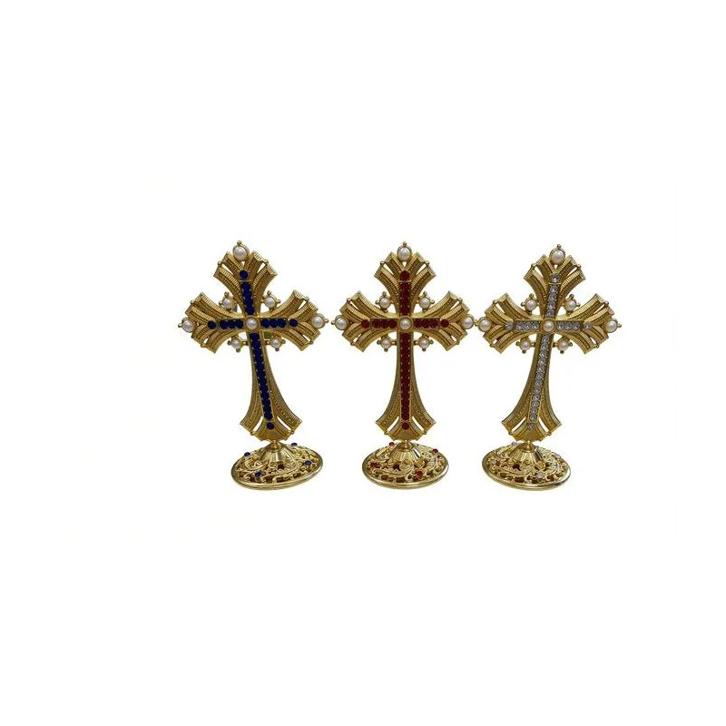 Obiecte bisericesti | Cruce de masa in cutie din metal argintiu auriu aramiu | 5356
