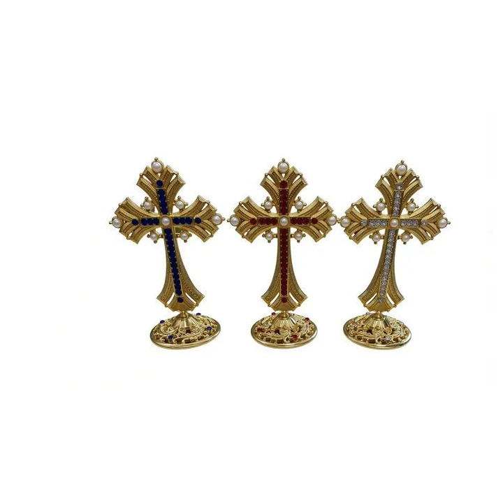 Obiecte bisericesti | Cruce de masa in cutie din metal argintiu auriu aramiu | 5356