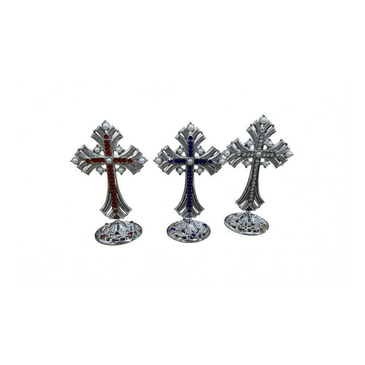 Obiecte bisericesti | Cruce de masa in cutie din metal argintiu auriu aramiu | 5356