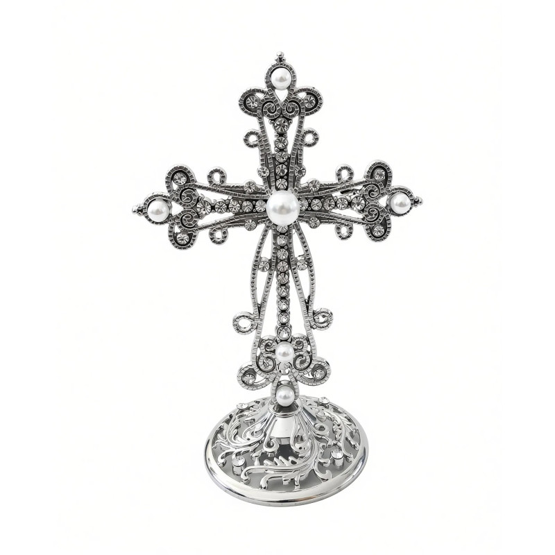 Obiecte bisericesti | Cruce de masa din metal argintiu auriu | 5355
