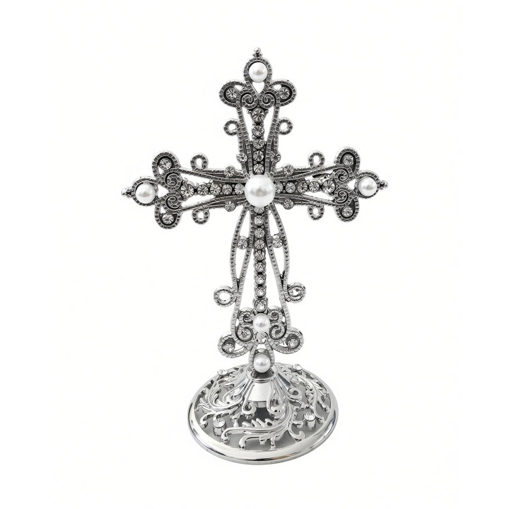 Obiecte bisericesti | Cruce de masa din metal argintiu auriu | 5355