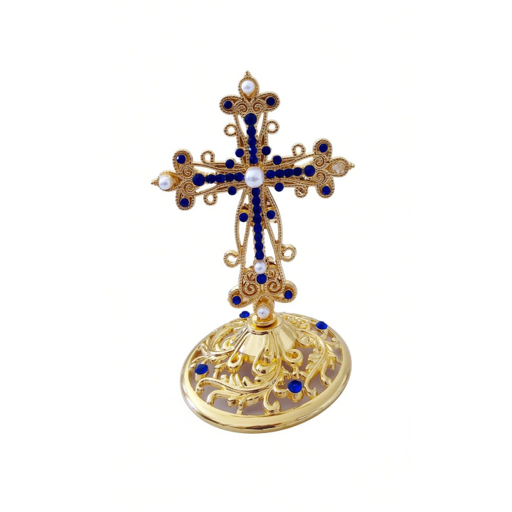 Obiecte bisericesti | Cruce de masa din metal argintiu auriu | 5355