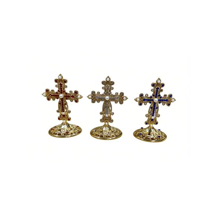 Obiecte bisericesti | Cruce de masa din metal argintiu auriu | 5355