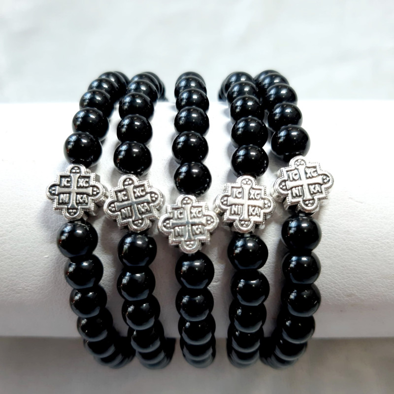 Obiecte bisericesti Bratara margele sticla 6mm 1 medalion metalic lobat cruce cod 1014 set12buc