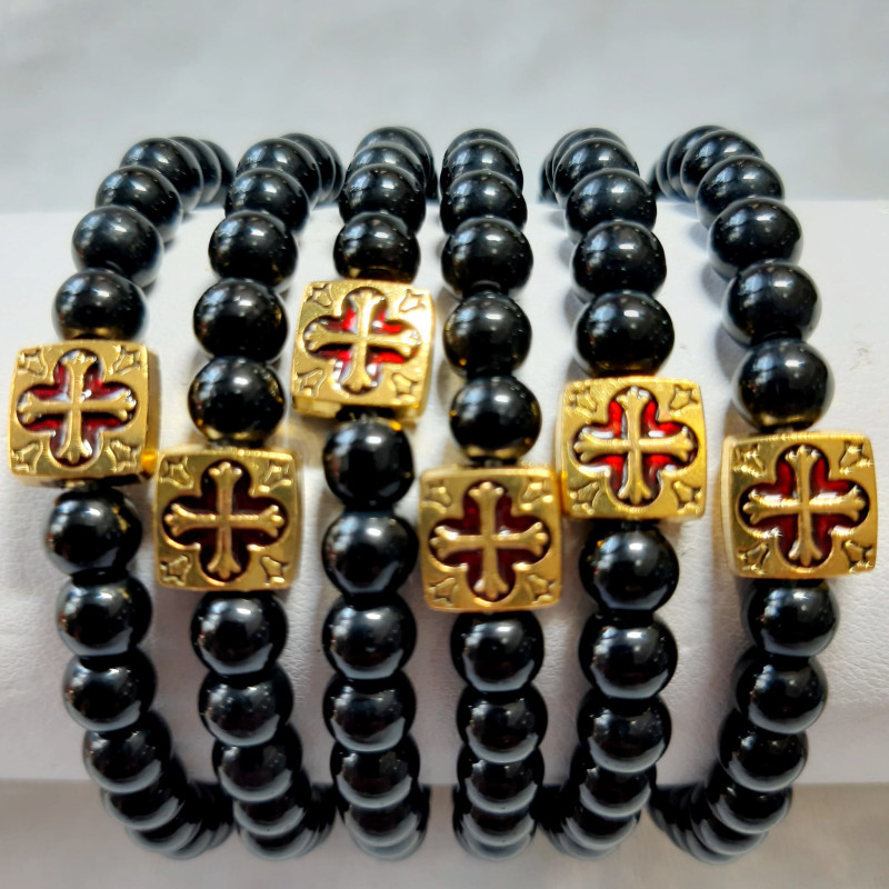 Obiecte bisericesti Bratara margele sticla 8mm 1 medalion metalic patrat cruce cod 1016 set12buc
