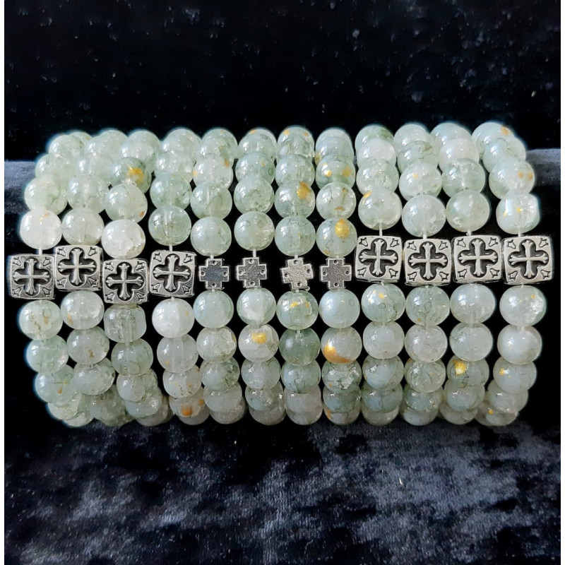 Obiecte bisericesti Bratara margele sticla 8mm 2 medalioane metalice patrat crini cruce cod 1035 set12buc