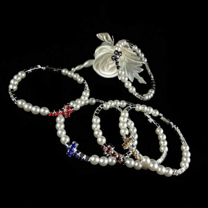 Obiecte bisericesti | Bratara rigida metalica perle de plastic si strasuri | 1155