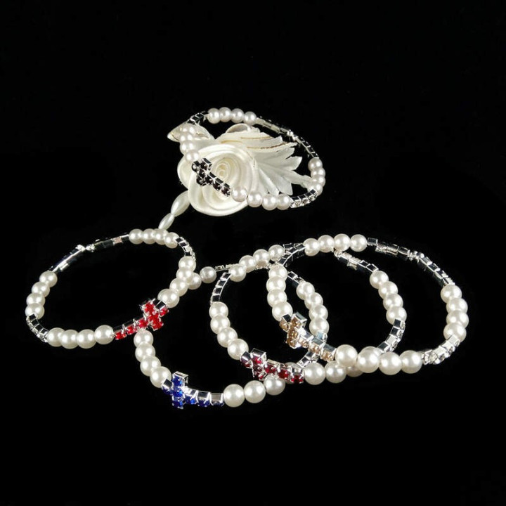 Obiecte bisericesti | Bratara rigida metalica perle de plastic si strasuri | 1155