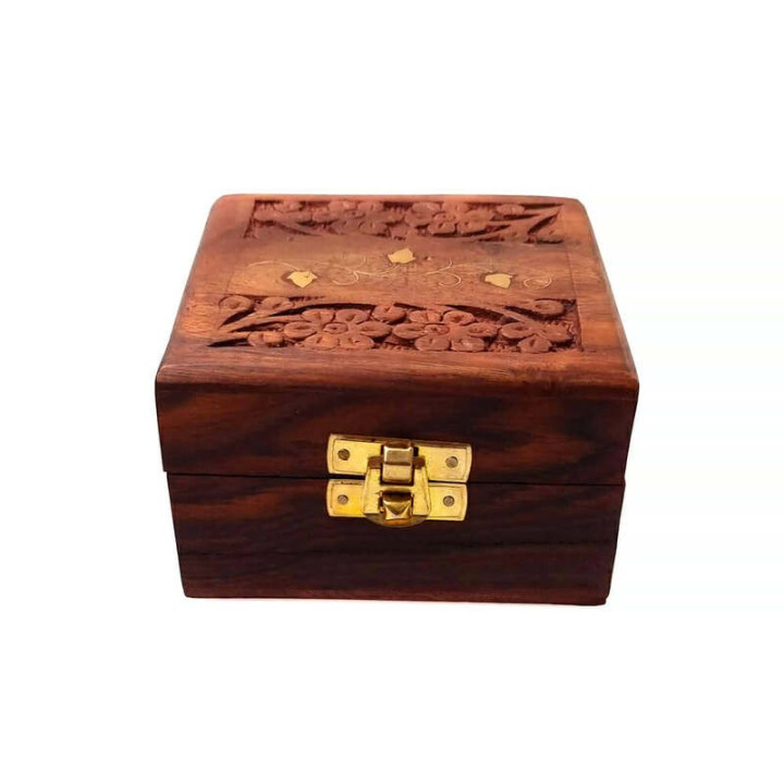 Artizanat India | Cutii din lemn caseta cu capac balamale si inchizatoare alama maro 10cm  | 5821