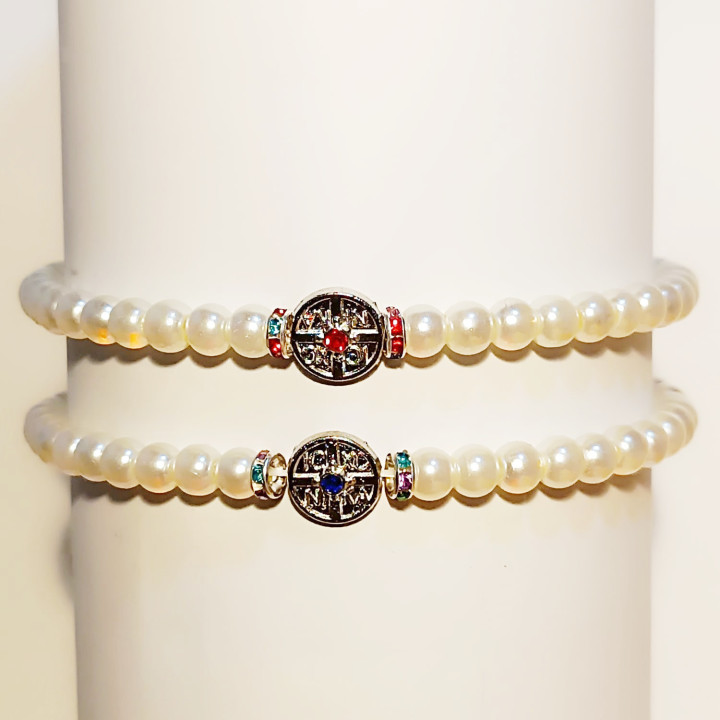 Obiecte bisericesti | Bratara perle sticla medalion cruce pietre | 1075