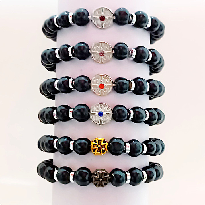 Metanii si bratari religioase | Bratara elastica margele lemn disc metal | 1387