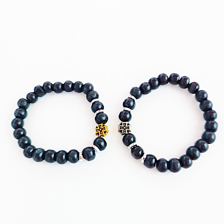 Metanii si bratari religioase | Bratara elastica margele lemn disc metal | 1387